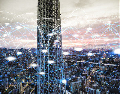 Futuristic sky tower electromagnetic signals